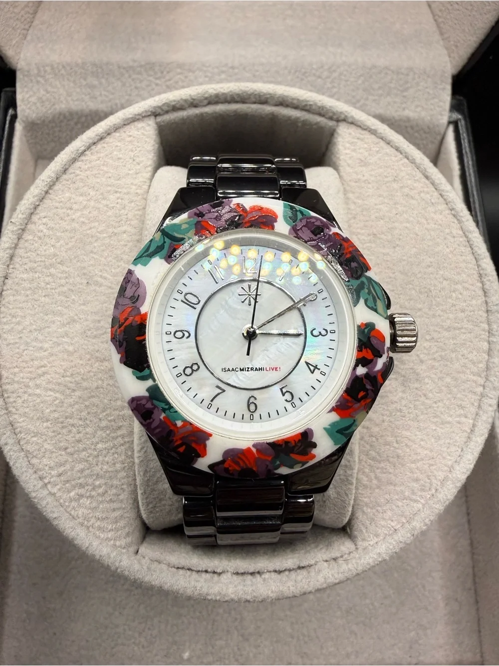 Isaac Mizrahi Live! Black Floral Bracelet Watch - Rare Find!